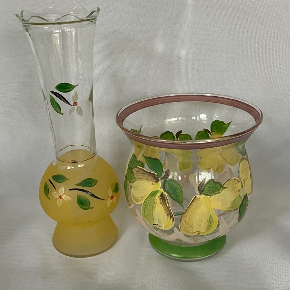 Pair of Hand Painted Glass Vases One Yellow Frosted Glass, Other Pears & Leaves